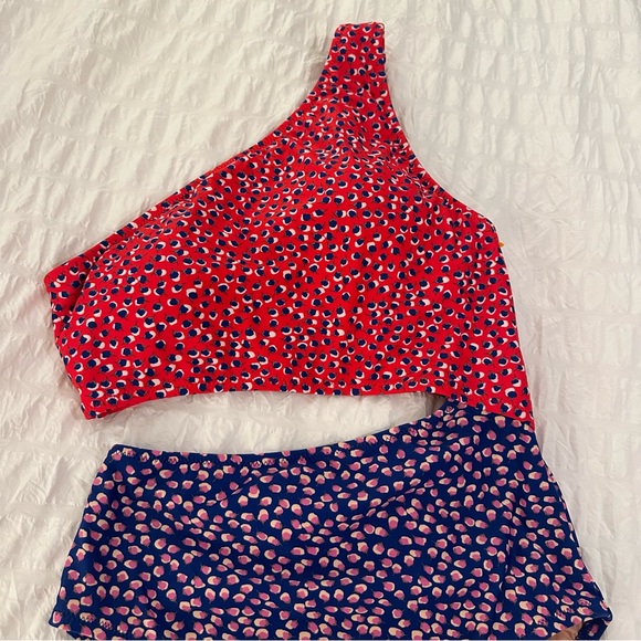 NWT J. Crew One Shoulder Cutout One Piece Swimsuit Red Blue Polka Dot American 8 - Picture 3 of 8